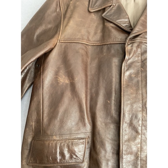 J.Crew Men XL Brown Leather Car Coat Jacket Patina Pebble Heavy Barn‎ Chore Y2K - Picture 12 of 16